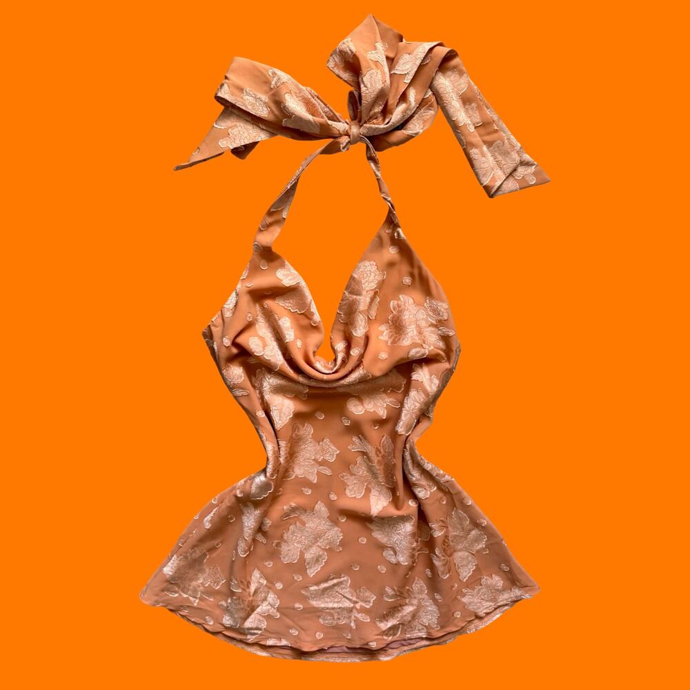 Here Comes The Sun Orange Burnout Floral Halter Mini Dress Cowl Neck Backless XS